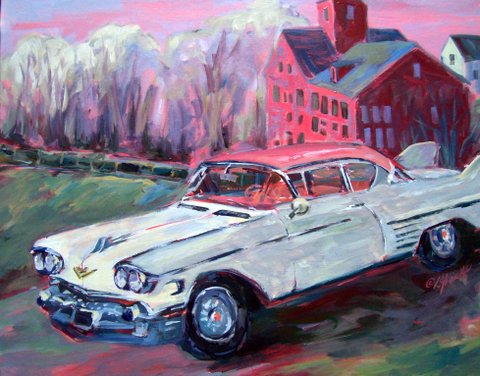 A painting of a white old fashioned car in front of an old mill