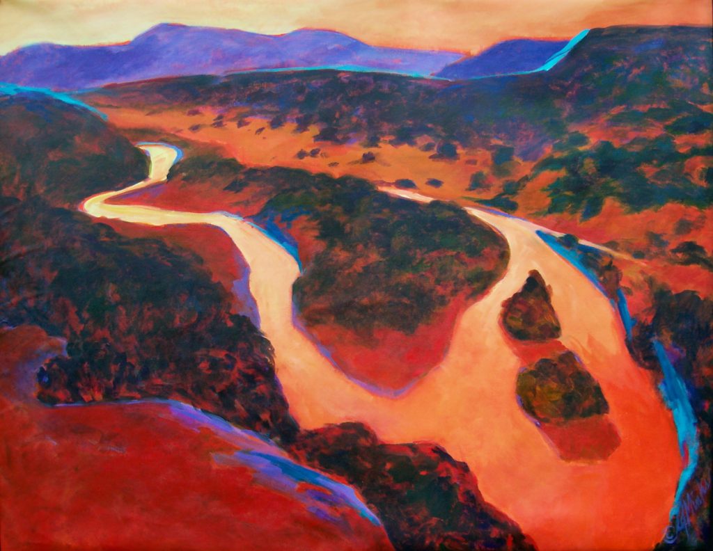 A painting of a river crossing a dense landscape in the autumn at sunset