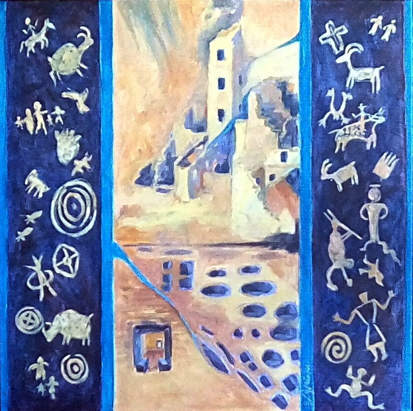 A painting of cave painting symbols and ancient ruins