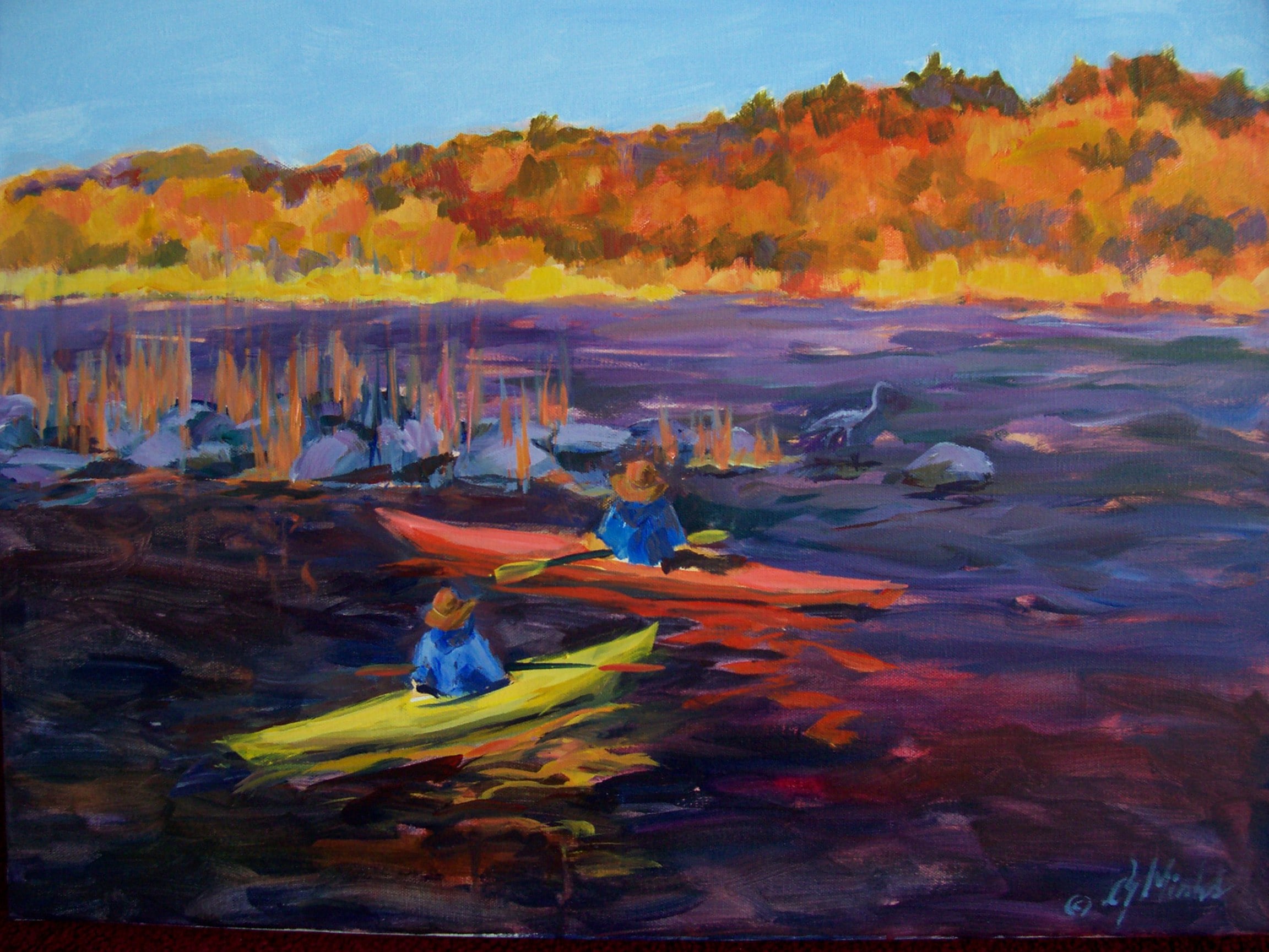 A painting of two people kayaking in the autumn