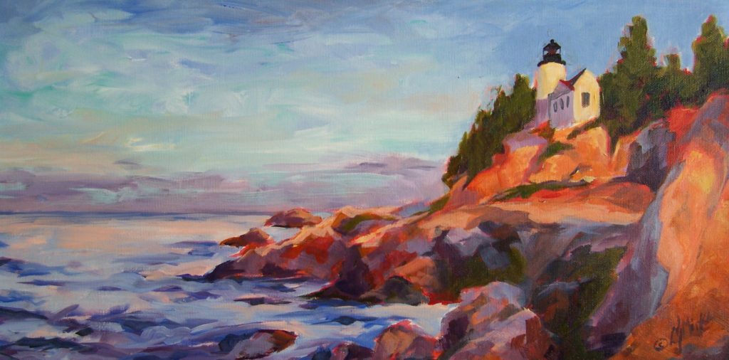 A painting of a lighthouse high up on rocky cliffs