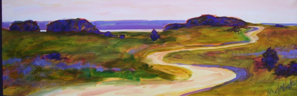 A painting of a dirt road along the shore