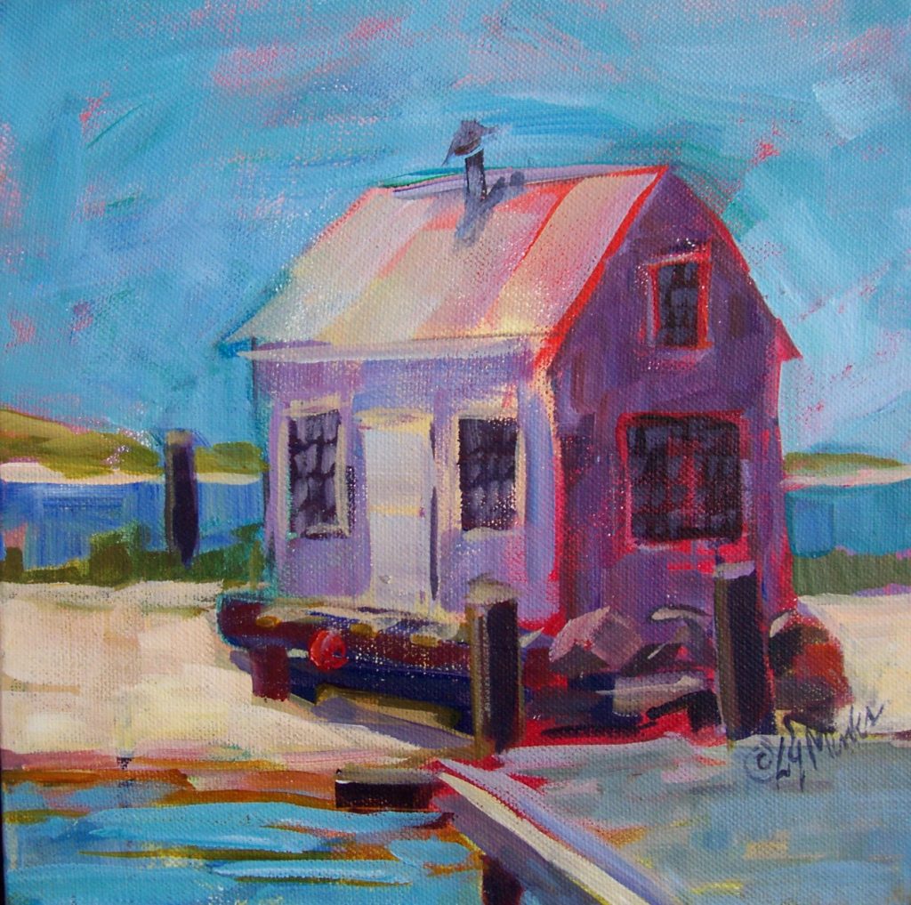 A painting of a boat house on a dock