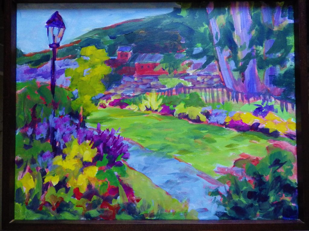A painting of a bridge covered in flowers