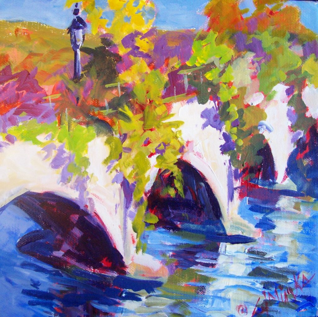 A painting of a bridge covered in flowers and a flowing river
