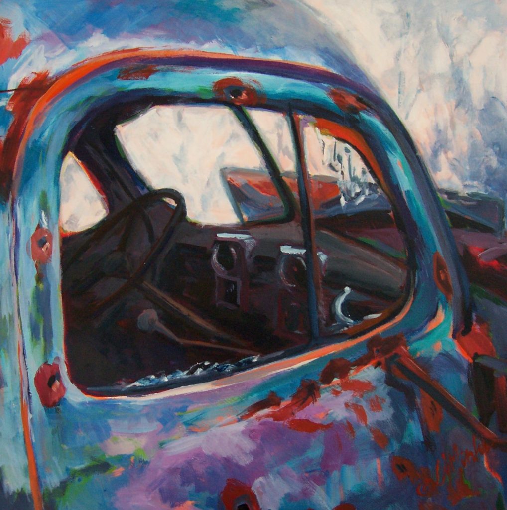 A painting of an old truck with a broken window