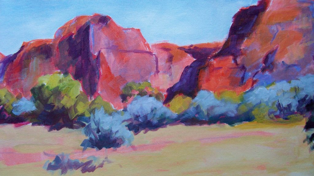 A painting of rocky cliffs and scrubby vegetation