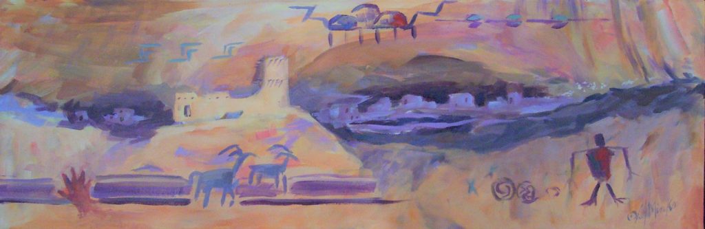 An abstract painting of cave paintings and southwestern adobe buildings