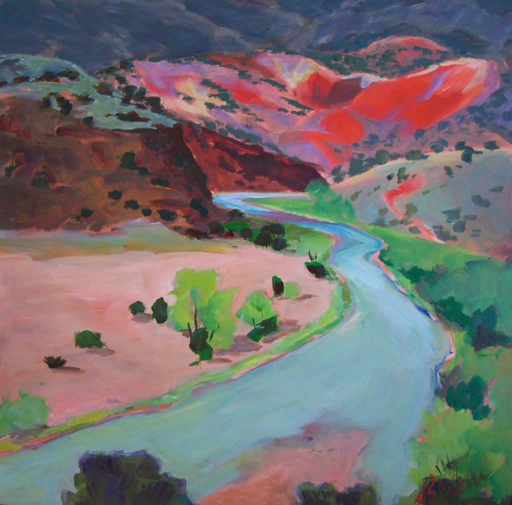 A painting of colorful hills and a winding river