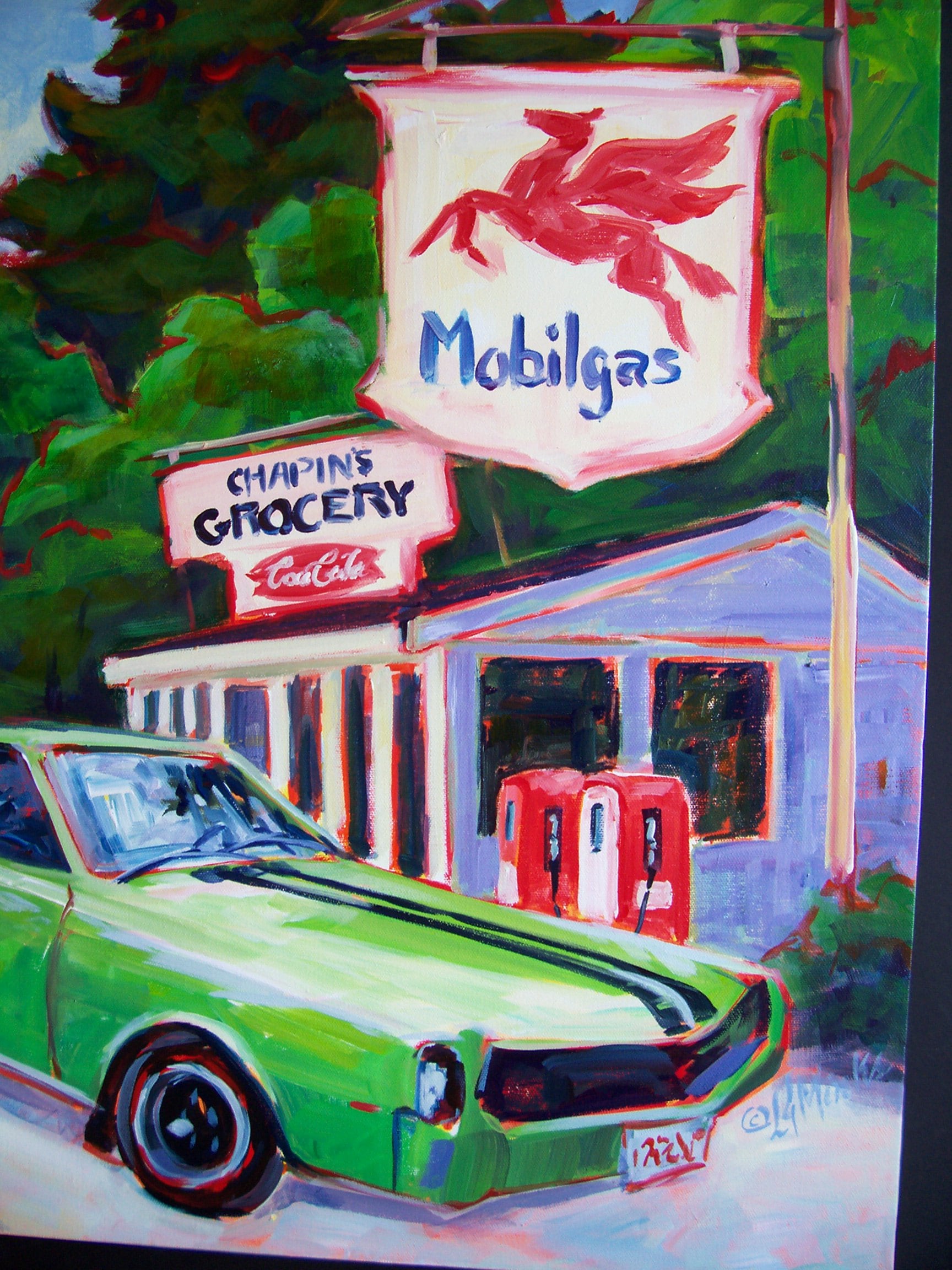 A painting of a small general goods store with a gas station and a green sportscar parked at the front