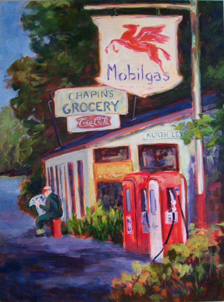 A painting of a small general goods store with a gas station and a person reading the newspaper out front