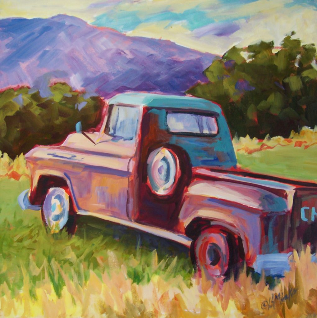 A painting of an old fashioned Chevy truck in a field