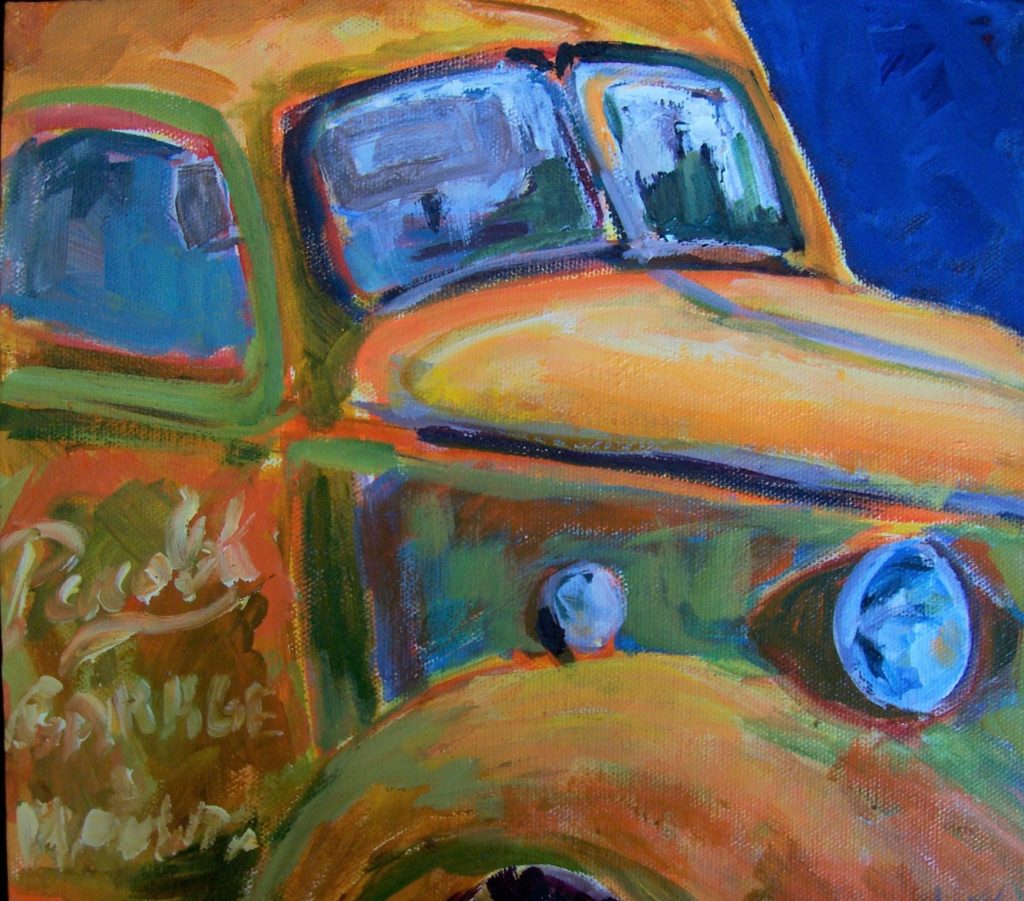 A painting of a detailed view of an old fashioned truck