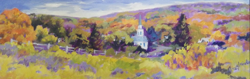 A painting of a steeple rising from treetops in a rural area in the autumn