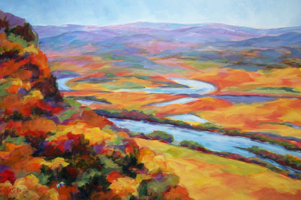 A painting of an aerial view of a river winding through a hilly autumn landscape