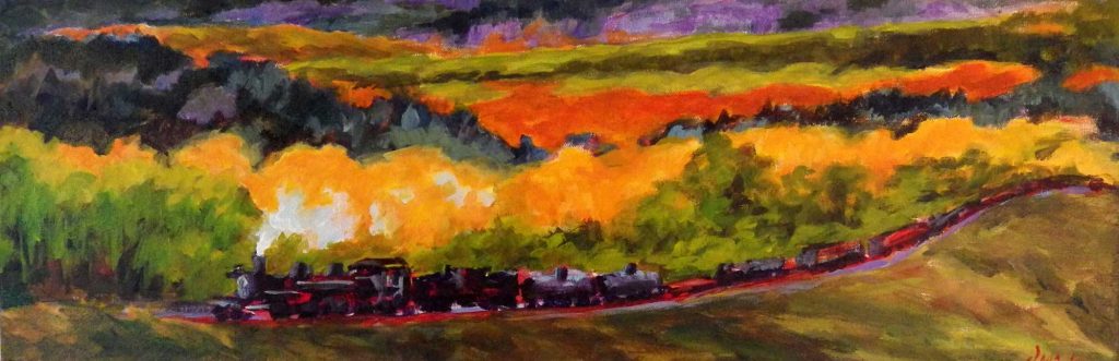 A painting of a stream train traveling through rolling autumn hills