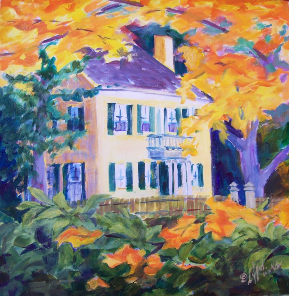 A painting of a yellow colonial home in the autumn