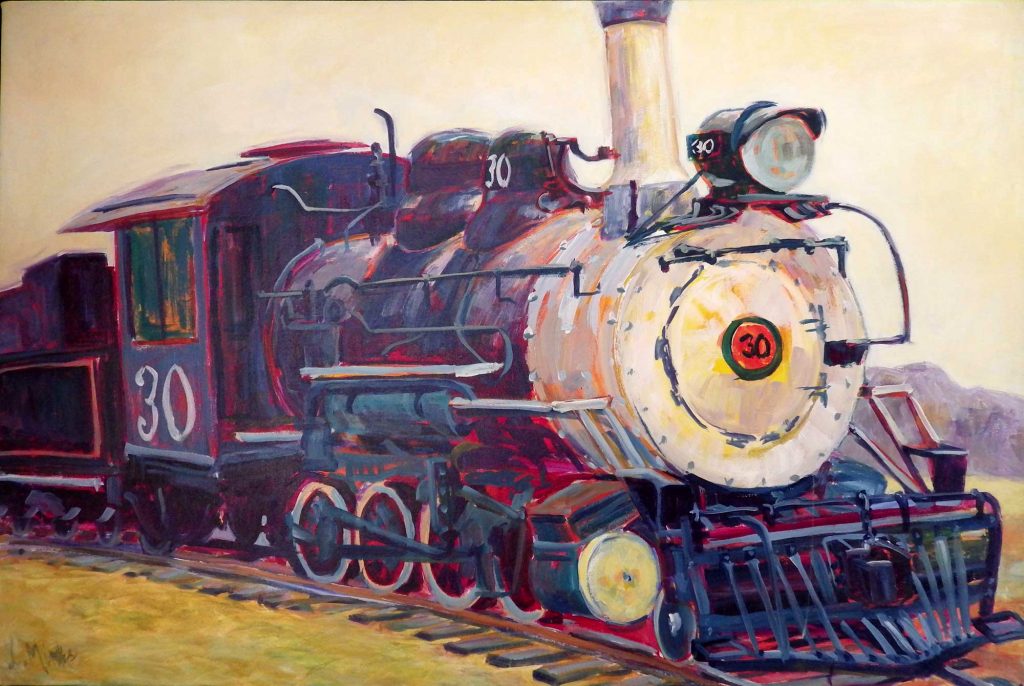 A painting of a close up of an old fashioned steam train