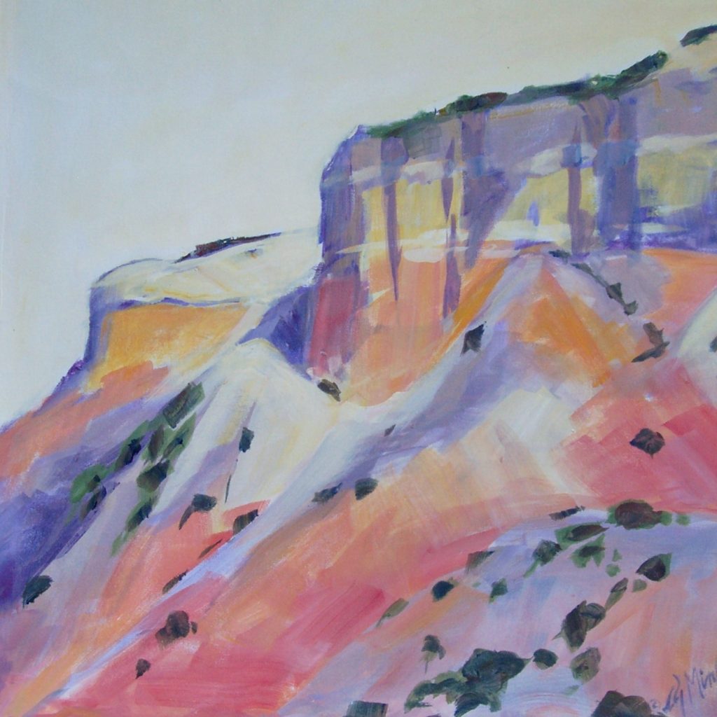 A painting of a rock formation and mesa in the southwest