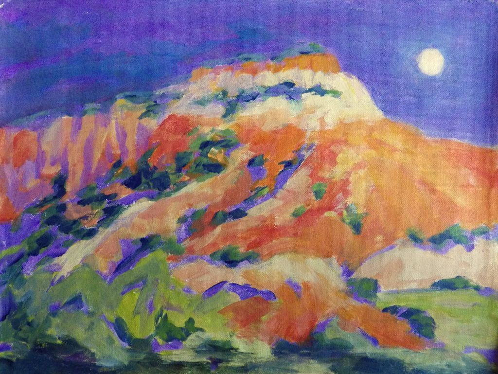 A painting of a tall mesa at night under a full moon