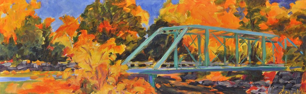 A painting of a green iron bridge in the autumn