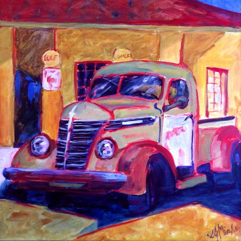 A painting of an old fashioned pick up truck at a gas station