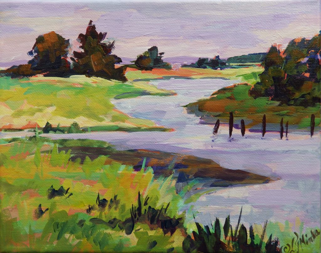 A painting of a river with a broken down dock