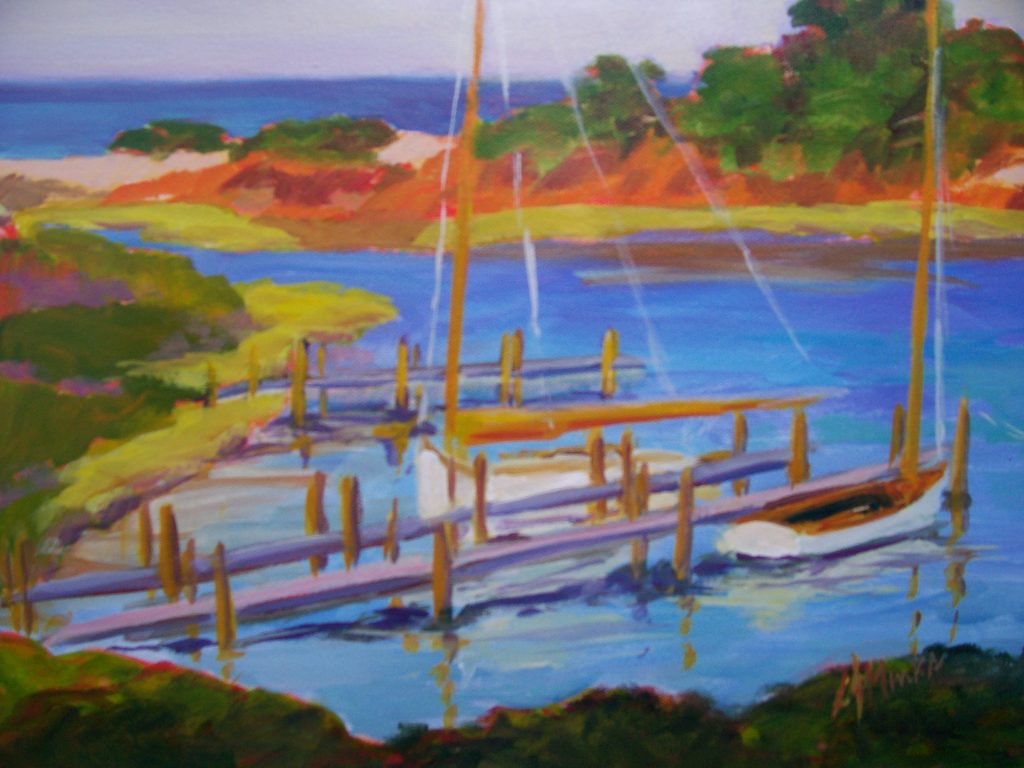 A painting of sailboats tied up at a dock in a bay