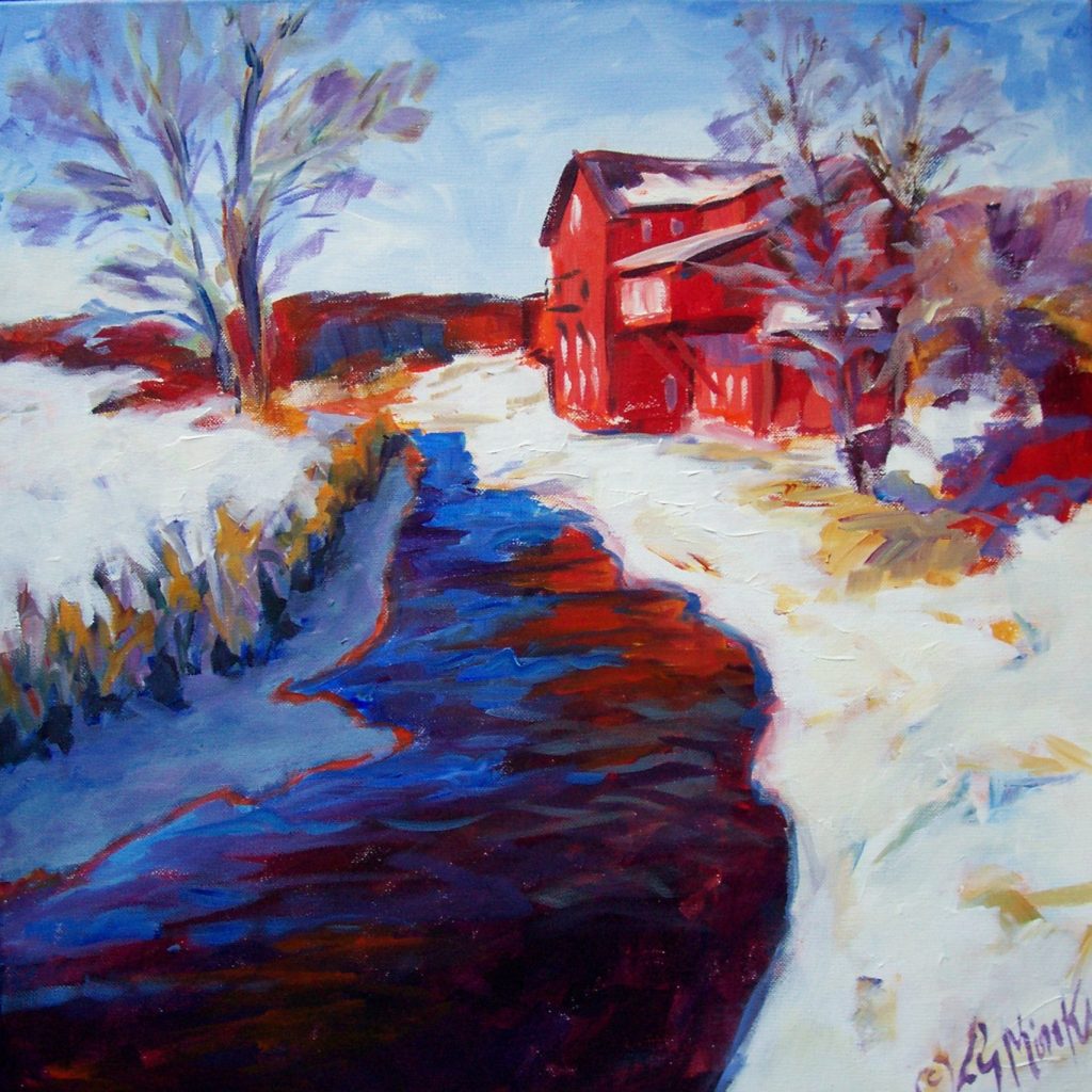 A painting of a historic, bright red mill along a river in the snow