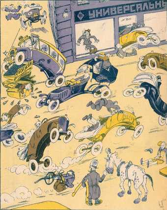 Konstantin Rotov, ‘Traffic in Two Years According to the Promises of Moscow Authorities: So Many Buses and Taxis that a Simple Horse can Startle’, in Krokodil, no.35, 1927, p.12