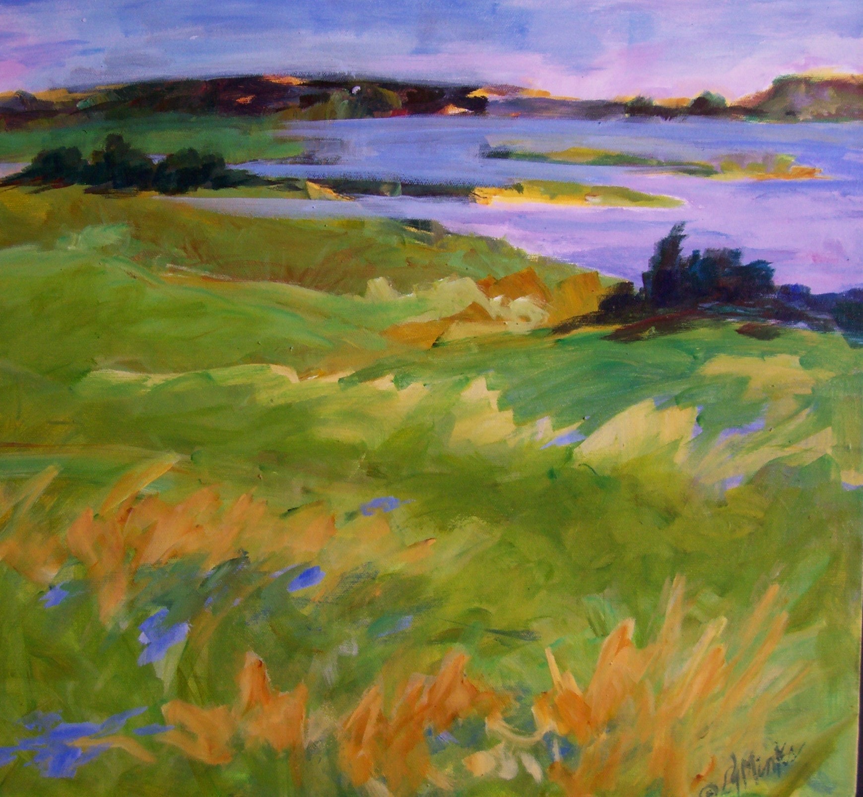 A painting of grass blown in the wind and a large river