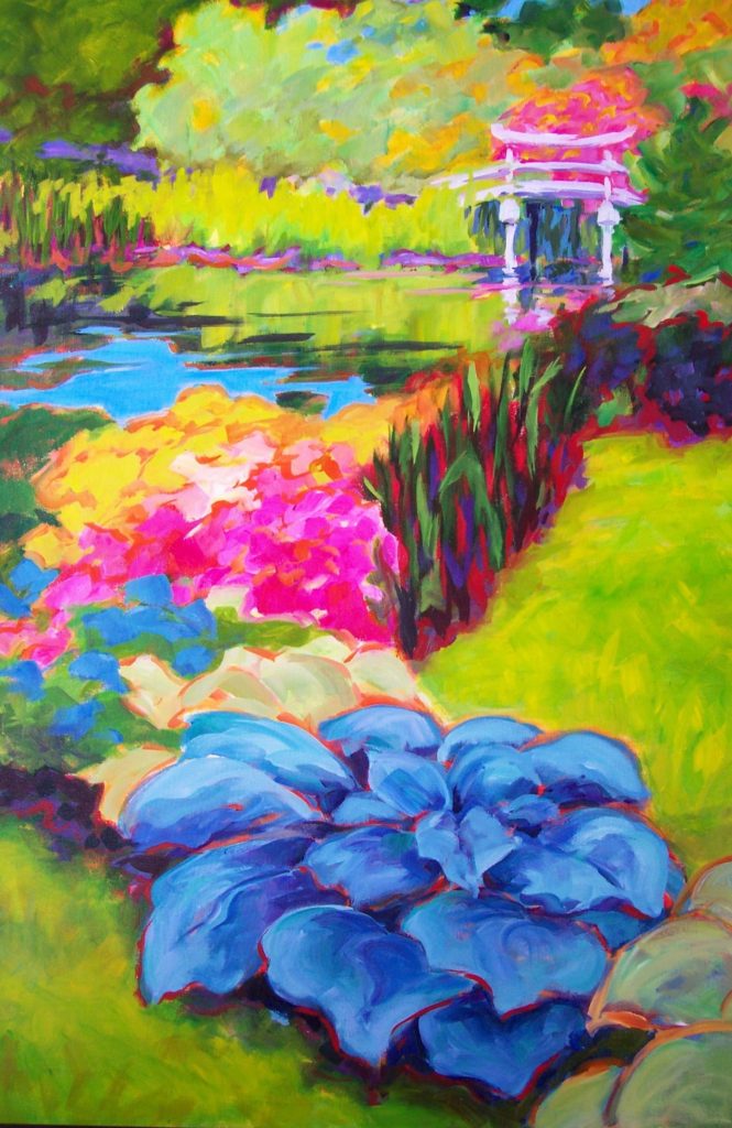 A painting of blooming plants and waterways in a Japanese garden