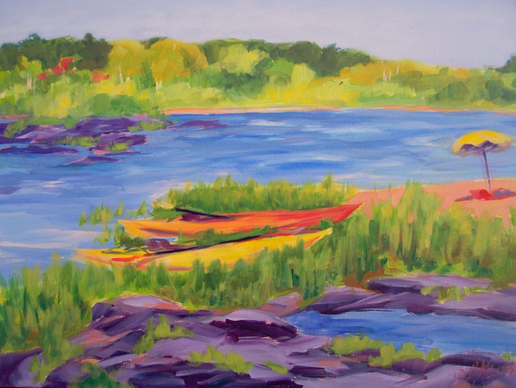 A painting of kayaks resting on a beach near a body of water