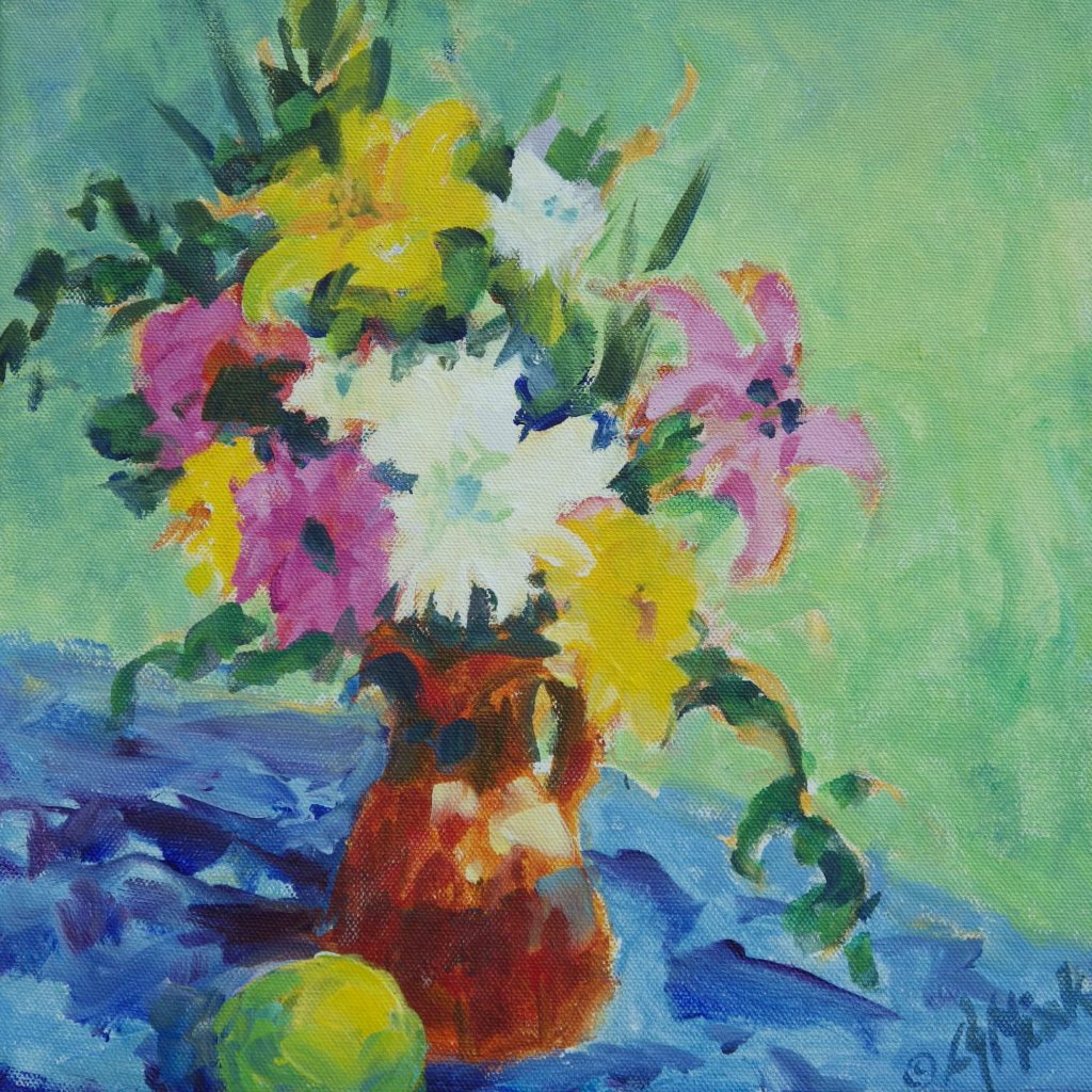 A painting of a bouquet of lillies and daffodils on a table