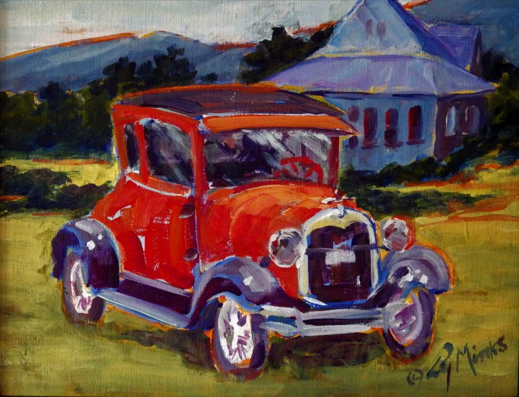 A painting of an old fashioned red car sitting in a field