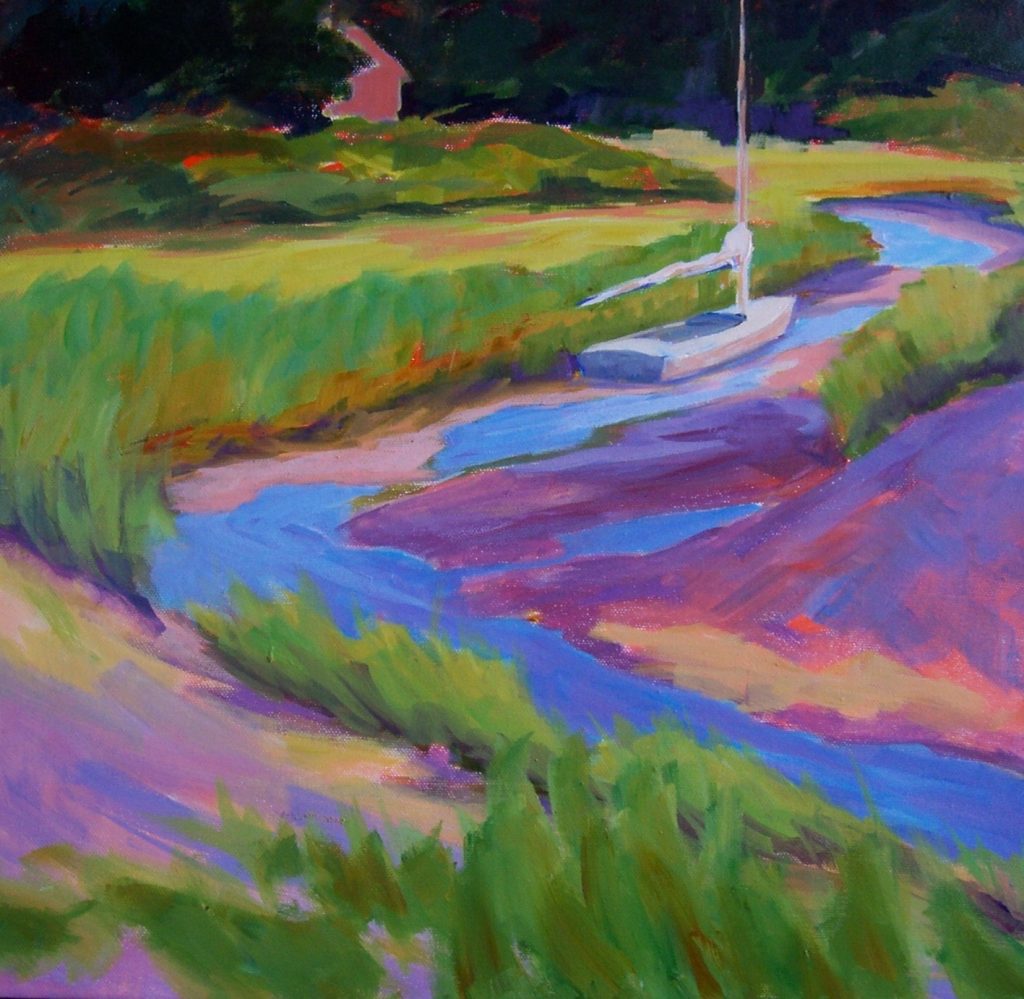 A painting of a sailboat stuck in the mud in a creek at low tide