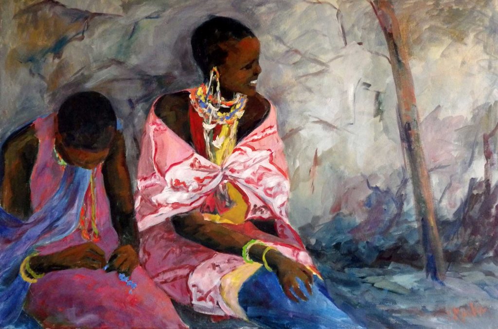 A painting of two women in traditional African garb sitting and smiling