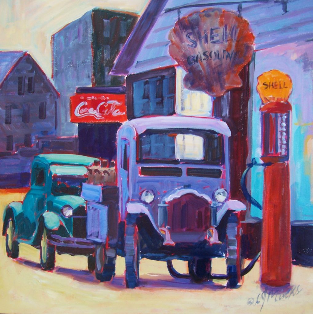 A painting of old fashioned cars getting gas at a Shell station