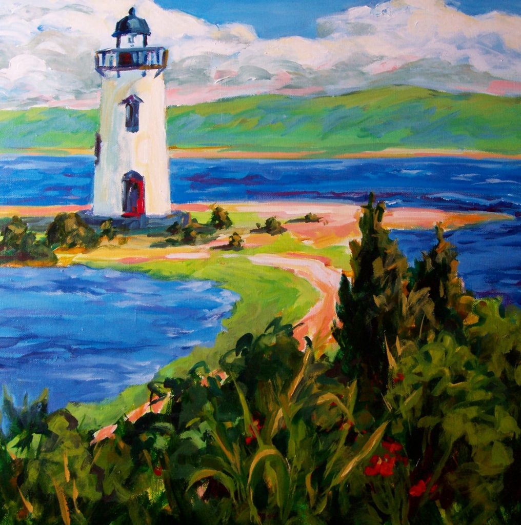 A painting of a coastal lighthouse on a peninsula with lots of foliage