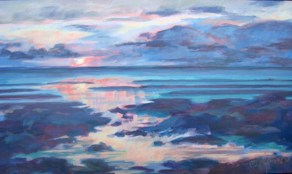 A painting of an ocean shore at sunset