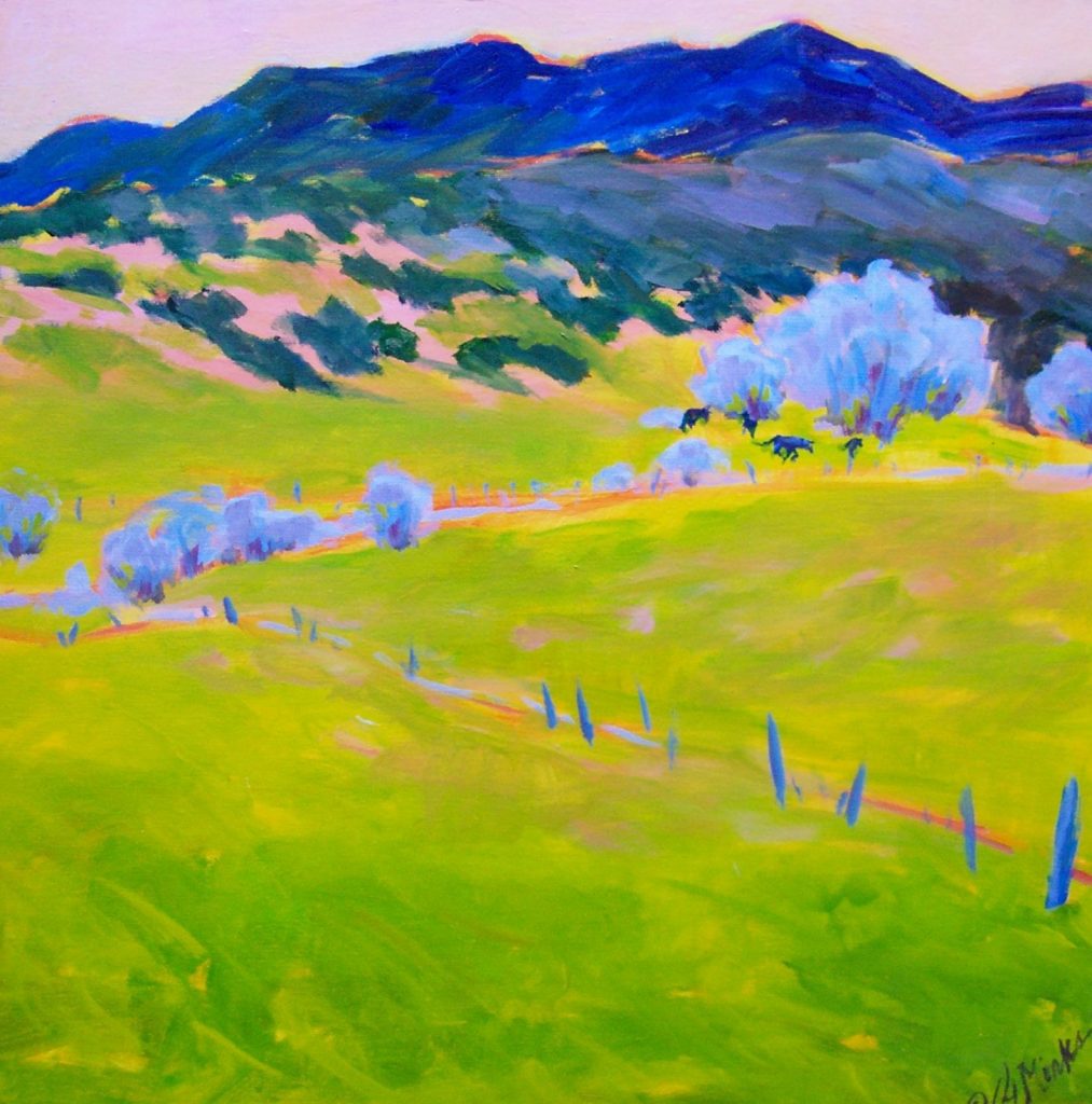 A painting of rolling hills, olive trees, and distant mountains