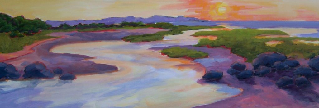 A painting of a creek flowing into the ocean at sunset
