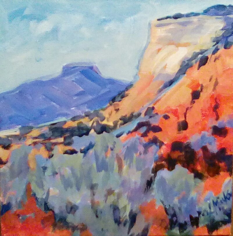 A painting of a rocky southwestern mountain