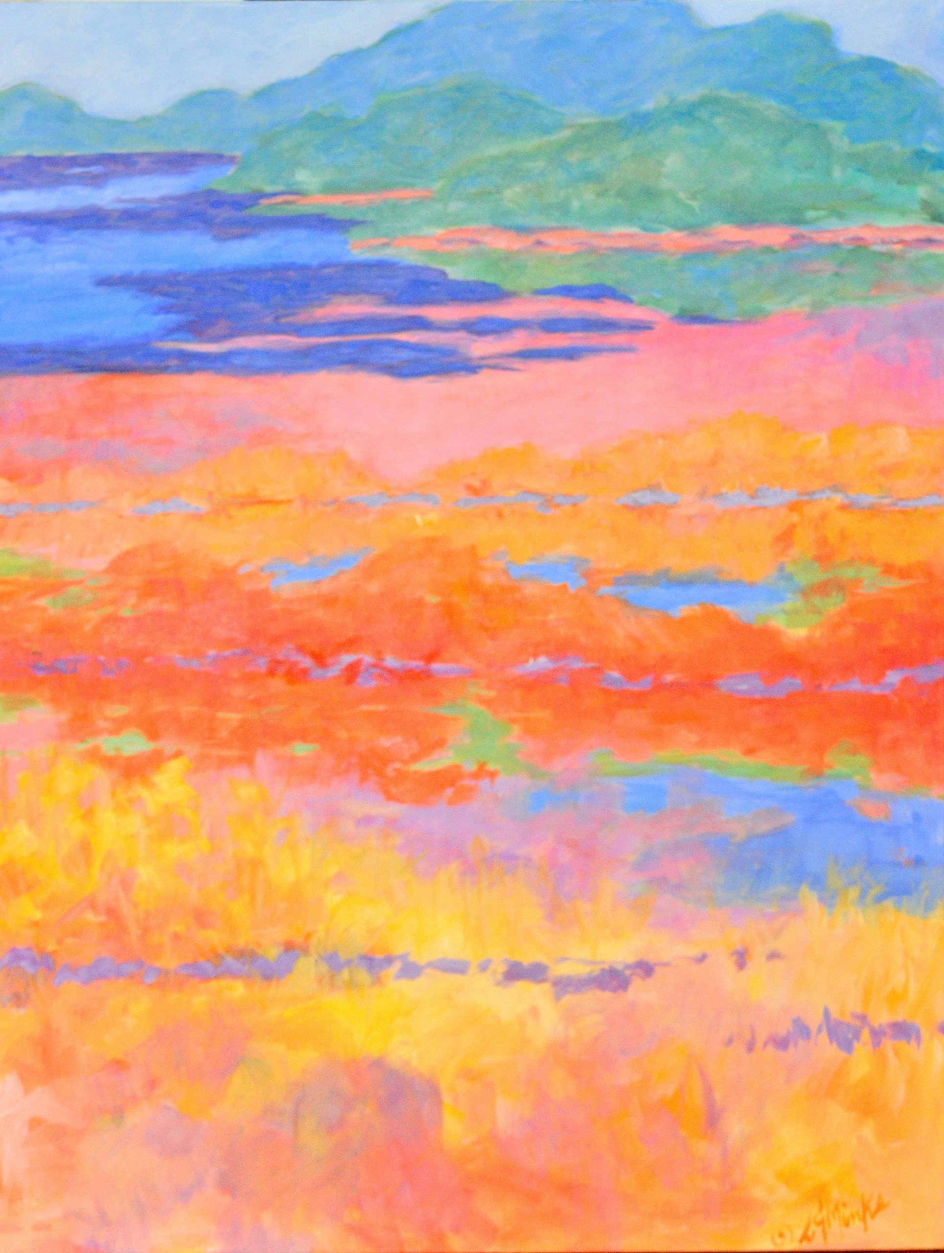 An abstract painting of a colorful pond