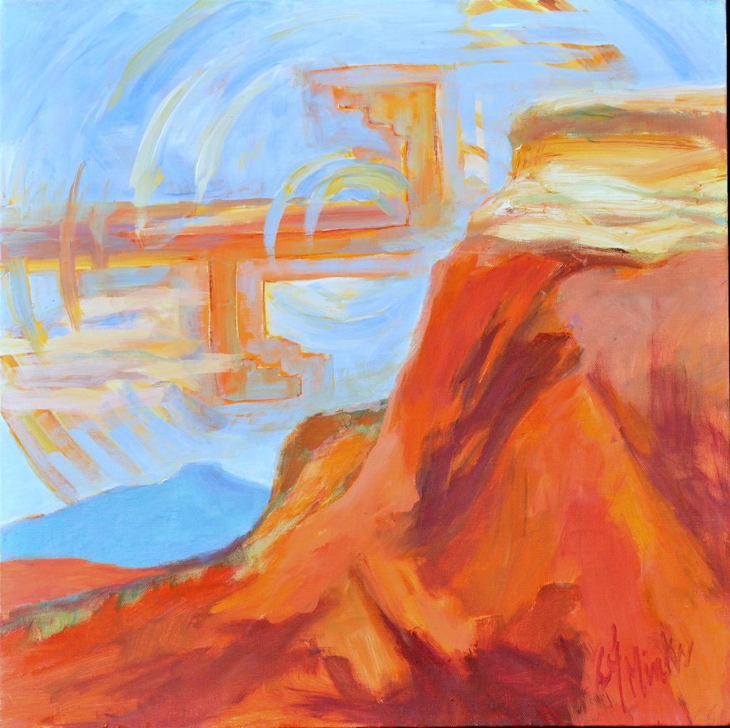 An abstract painting of a pottery plate and a mountain