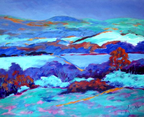 An abstract painting of trees and hills at dusk
