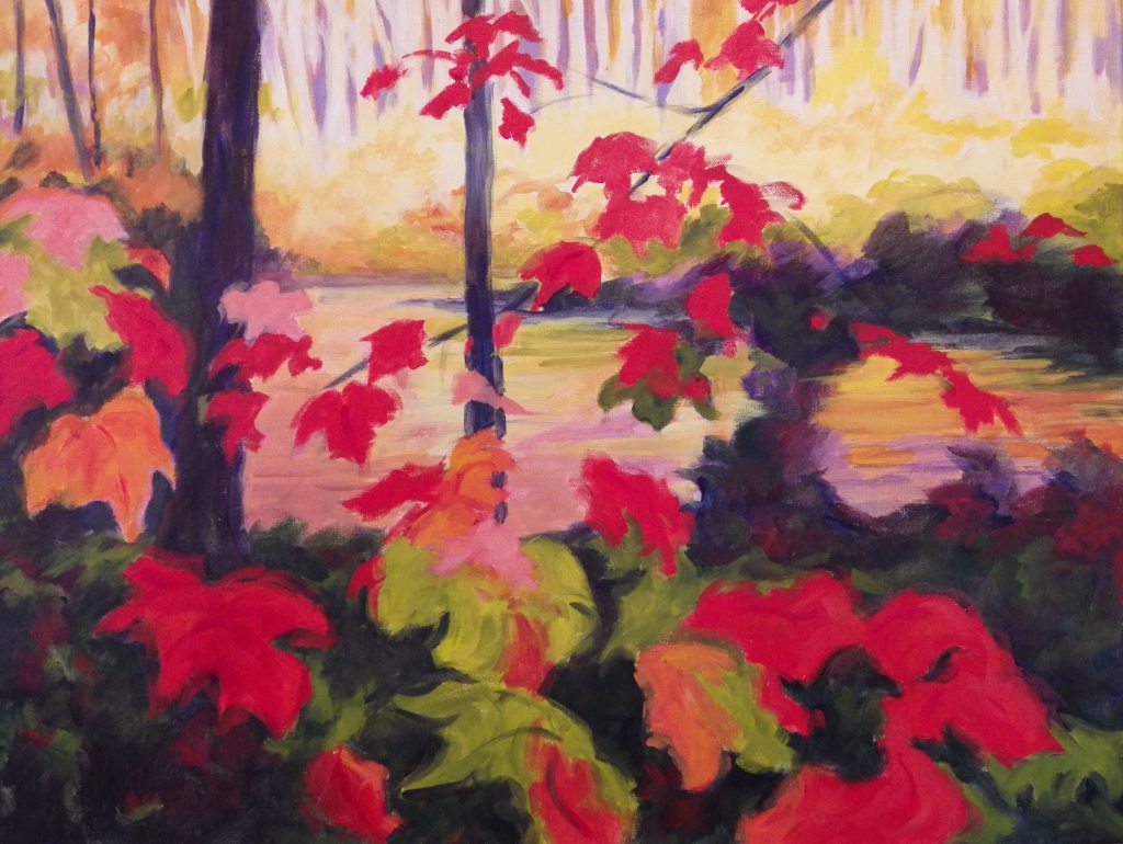 A painting of close up bright red leaves and a forest in the background