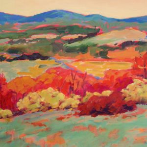 A painting of rolling hills and bright trees in the autumn