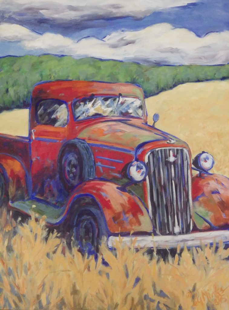 A painting of an old fashioned red truck in a field