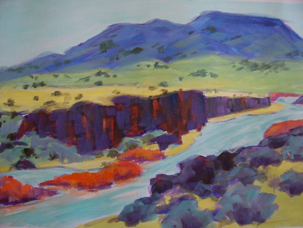 A painting of a river running through rocky cliffs